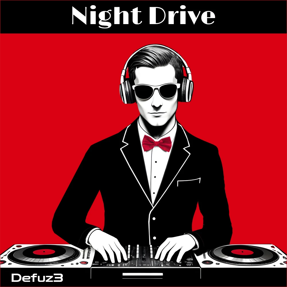 The cover design for the single 'Night Drive' depicts a Dj using a Dj Controller who is wearing a dinner jacket and a bow tie.