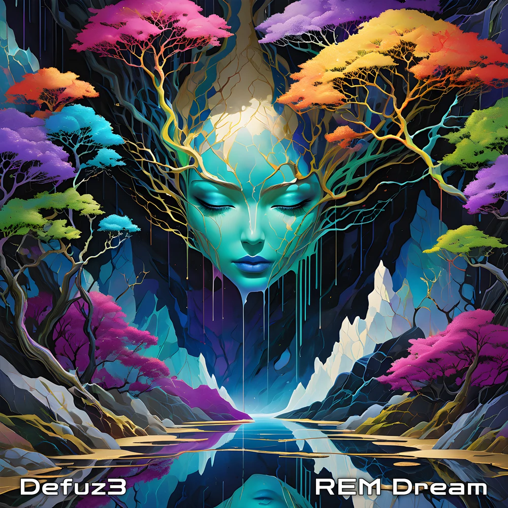 The cover design for the single 'REM Sleep' depicting a dreamy bed, a waterfall and flowers.